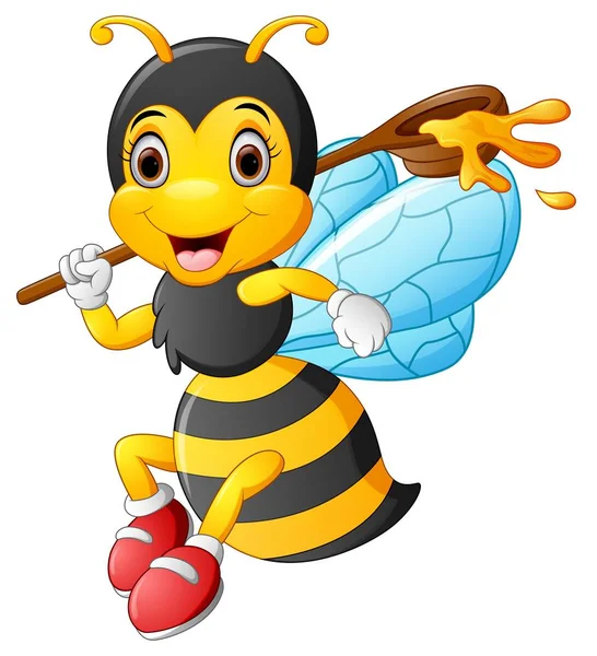 Cartoon bee holding scoop av honung — Stock vektor