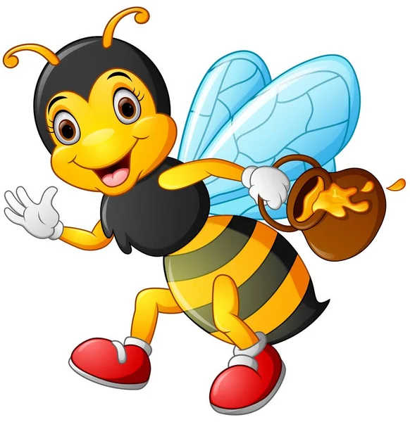 Cartoon bee holding pot of honey — Stock Vector