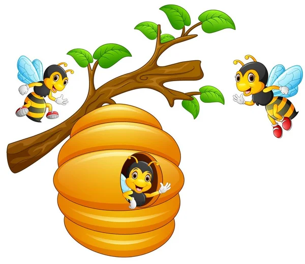 Las abejas vuelan de una colmena colgando de una rama de árbol — Vector de stock