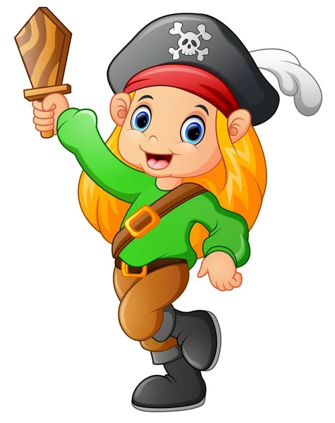 Chica pirata sosteniendo espada de madera — Vector de stock