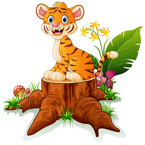 Tygrys kreskówka siedzi na pniu drzewa — Wektor stockowy