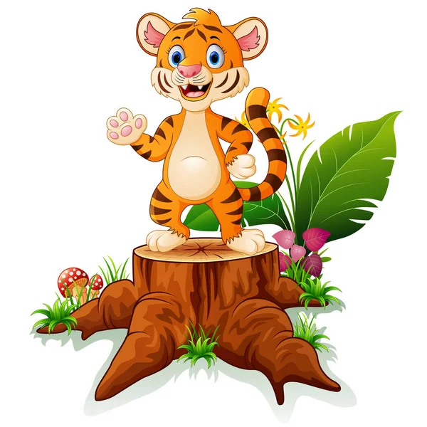 Bayi harimau yang lucu berpose di tunggul pohon - Stok Vektor