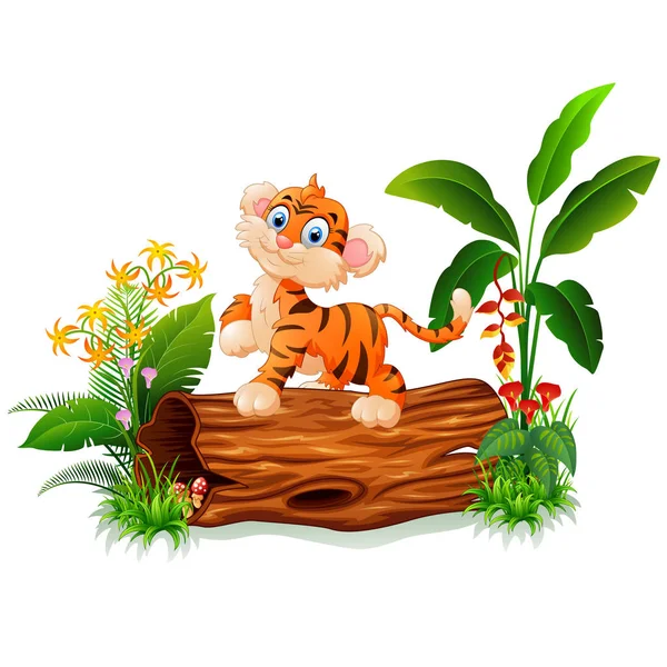 Cartoon baby tiger on tree trunk — Stock Vector