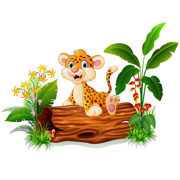 Cheetah bebé de dibujos animados en el tronco del árbol — Vector de stock