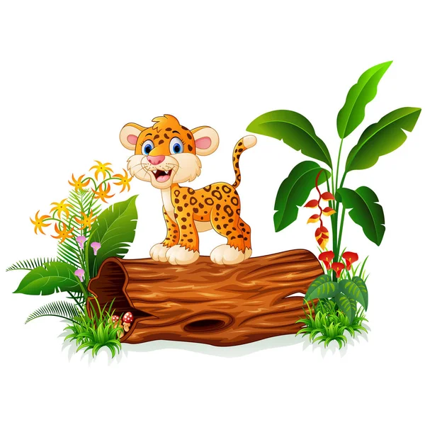 Cheetah bebé de dibujos animados en el tronco del árbol — Vector de stock