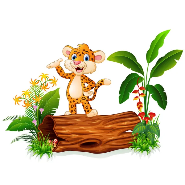 Dessin animé bébé guépard présentant sur tronc d'arbre — Image vectorielle
