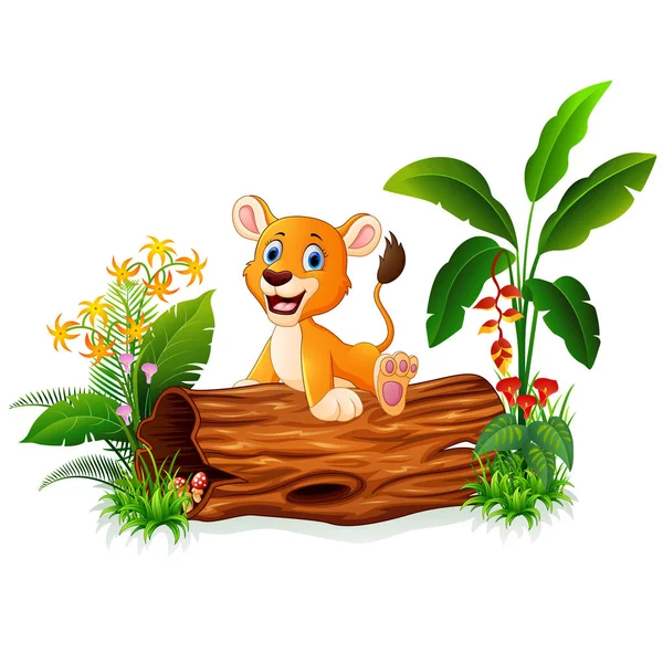 León bebé de dibujos animados sentado en el tronco del árbol — Vector de stock