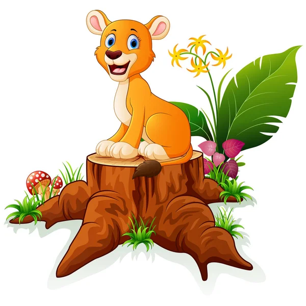 León de dibujos animados sentado en el tocón del árbol — Vector de stock