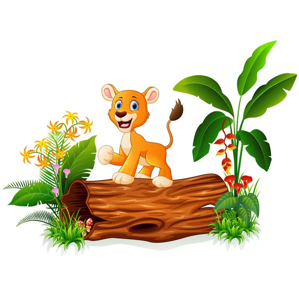 Karikatur Löwenbaby auf Baumstamm — Stockvektor