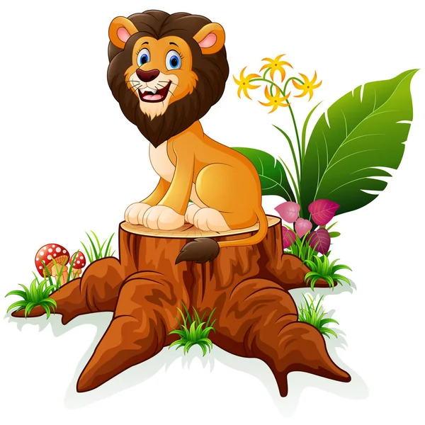 Kartun singa di tunggul pohon - Stok Vektor