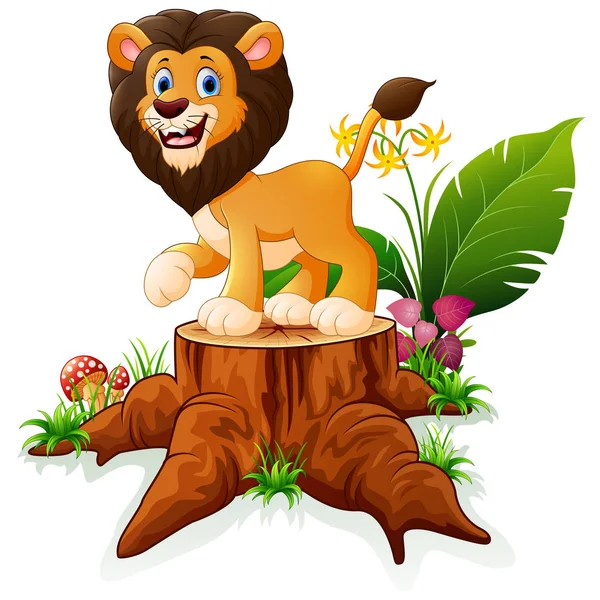 León de dibujos animados en tronco de árbol — Vector de stock