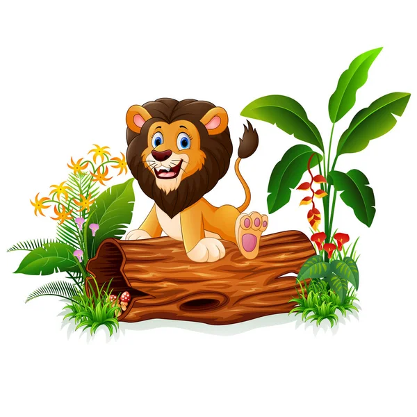 Cartoon lion sitting on tree trunk — Stock Vector