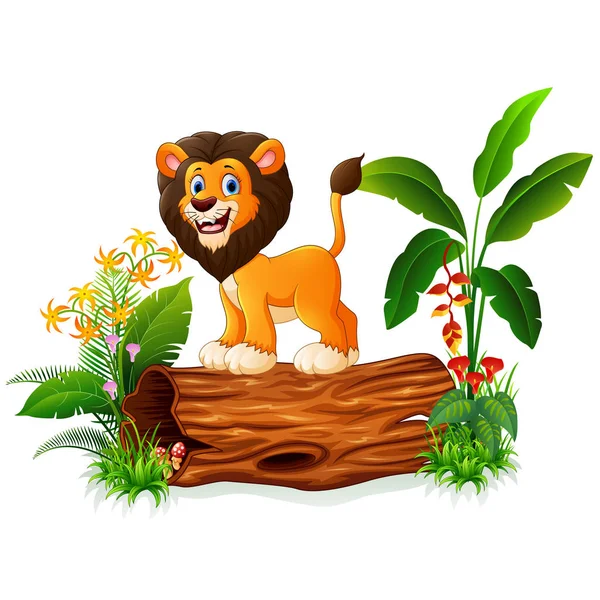 León de dibujos animados posando en tronco de árbol — Vector de stock