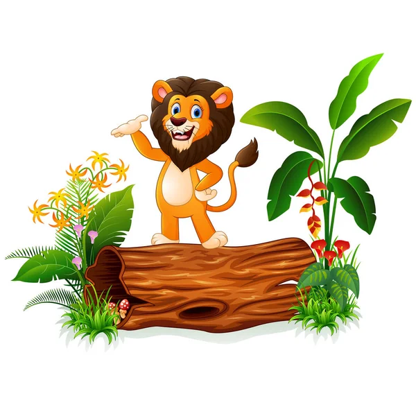 Tecknad lejon presenterar på trädstam — Stock vektor