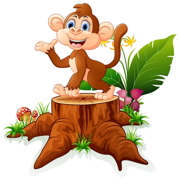Macaco bonito posando no toco da árvore —  Vetores de Stock