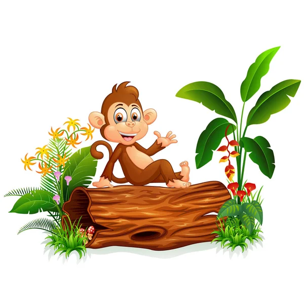 Χαριτωμένο μαϊμού θέτοντας σε κορμό δέντρου — Διανυσματικό Αρχείο