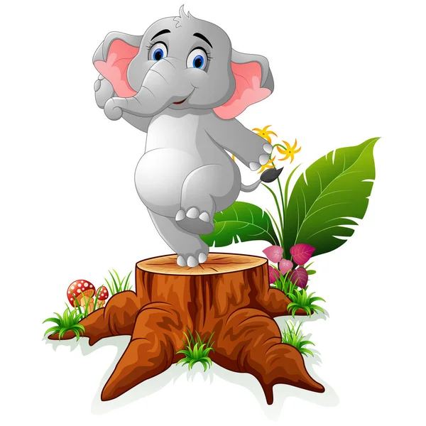 Dibujos animados elefante divertido posando en tocón de árbol — Vector de stock