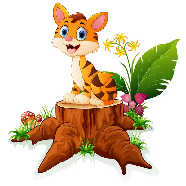 Tigre de dibujos animados sentado en el tocón del árbol — Vector de stock