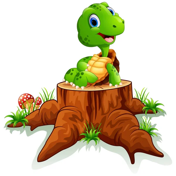 可爱的海龟坐在树桩上 — 图库矢量图片