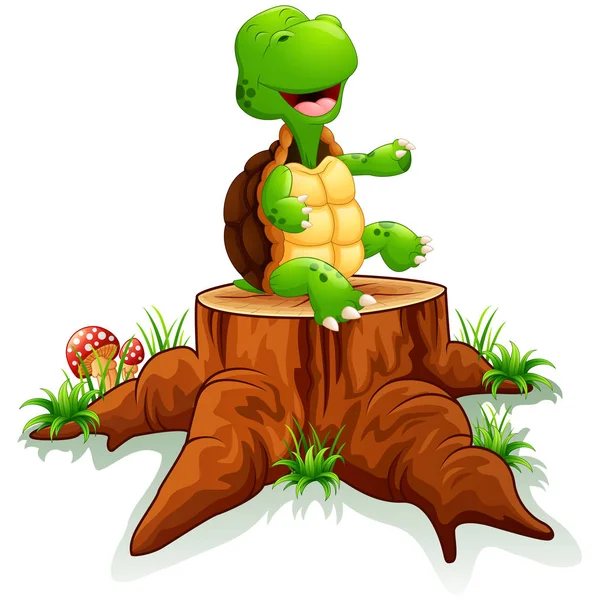 Χαριτωμένο χελώνα ποζάρει στο κούτσουρο δέντρο — Διανυσματικό Αρχείο