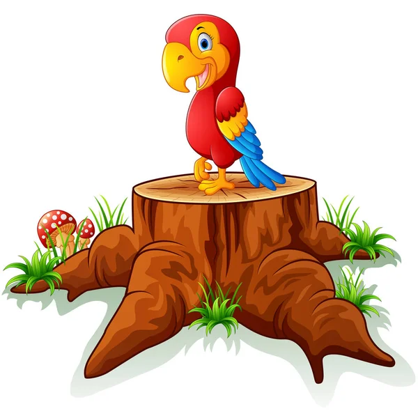 Cartoon parrot on tree stump — Stock Vector