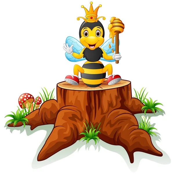 Linda abeja posando en tronco de árbol — Vector de stock