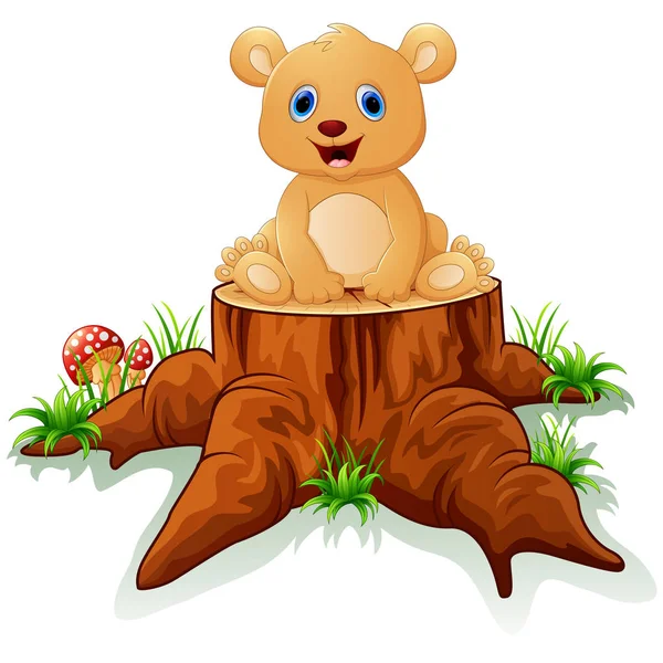 Şirin bebek ayı ağaç kütüğü üzerinde poz — Stok Vektör