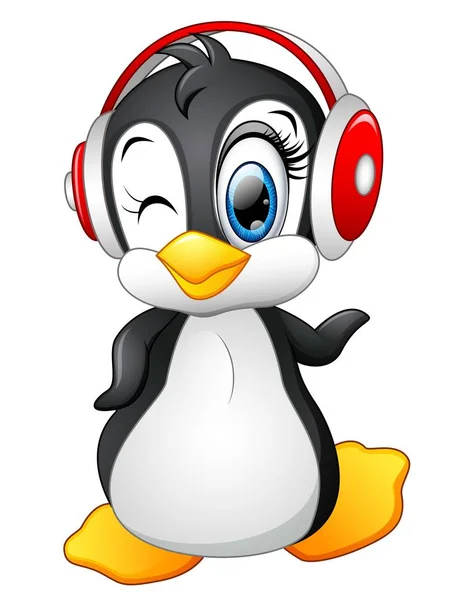 Kulaklık olan karikatür penguen — Stok Vektör
