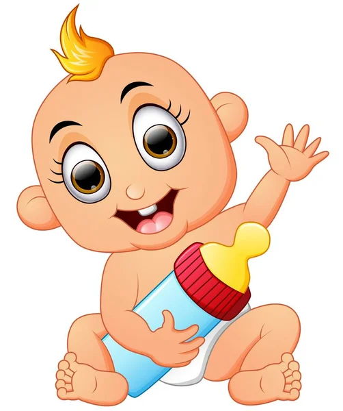 Happy baby cartoon holding melk fles — Stockvector