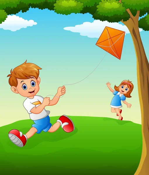 Happy kids playing kite — Stock Vector