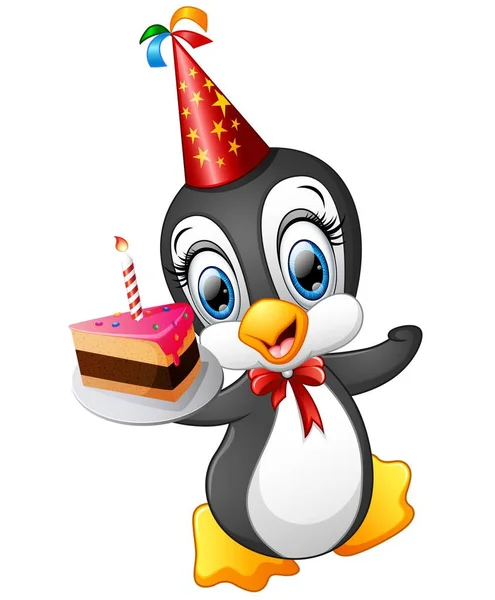 Feliz pingüino de dibujos animados celebración de pastel de cumpleaños — Vector de stock