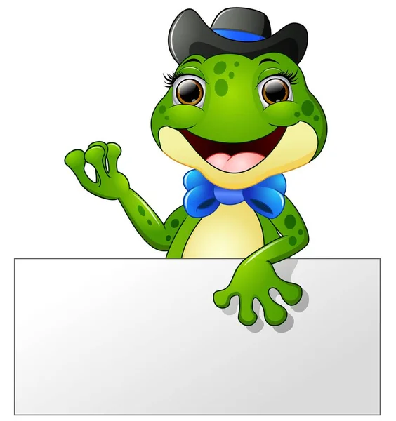 Caricatura de rana feliz sosteniendo signo en blanco — Vector de stock