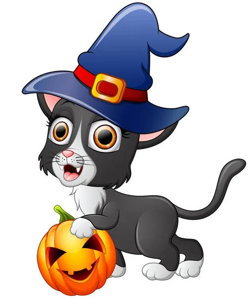 Chat dessin animé avec un chapeau de sorcière tenant citrouille — Image vectorielle