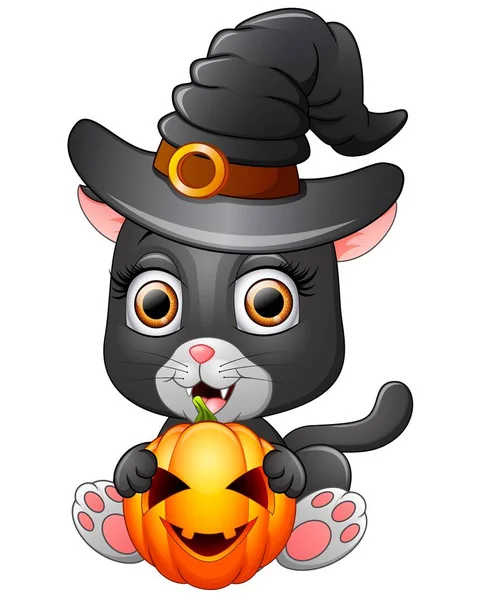 Cat cartoon with a witch hat holding pumpkin — Stock Vector