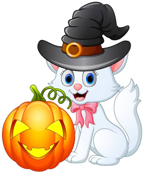 Chat dessin animé avec un chapeau de sorcière tenant citrouille — Image vectorielle
