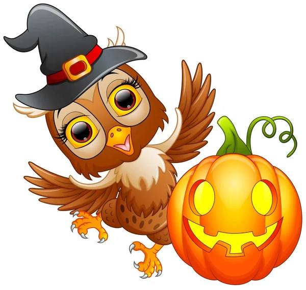 Hibou dessin animé avec chapeau d'Halloween et citrouille — Image vectorielle