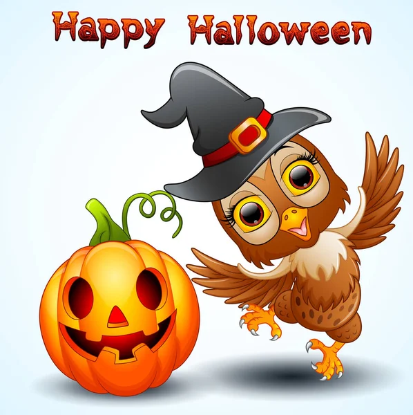 Hibou dessin animé avec chapeau d'Halloween et citrouille — Image vectorielle