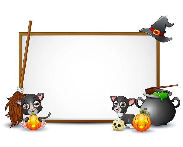 Halloween znak z kapelusz czarownicy, miotła czarownicy, kot, kocioł i dyni — Wektor stockowy