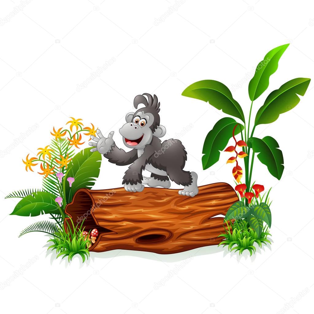 Gorila bebé lindo posando en tocón de árbol — Vector de ...