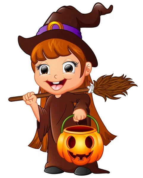 Little witch cartoon holding broom and pumpkin — Stock Vector