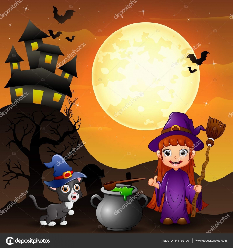 Illustrazione della priorit  bassa di Halloween con la strega della ragazza che tiene il manico di scopa e strega calderone e gattino — Vettoriali di