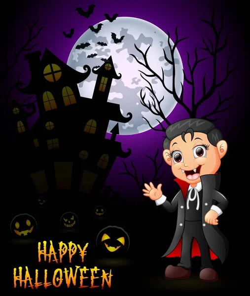 Seorang anak kecil dengan kostum Dracula dengan labu dan rumah berhantu - Stok Vektor