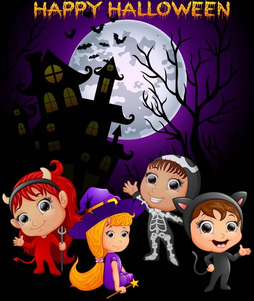 Happy Halloween fundal violet cu copii în costum de Halloween — Vector de stoc