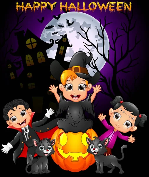 Joyeux Halloween fond violet avec des enfants en costume d'Halloween — Image vectorielle