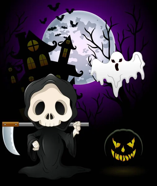 Costumes d'Halloween faucheuse sinistre avec citrouille et fantôme sur fond de château hanté — Image vectorielle