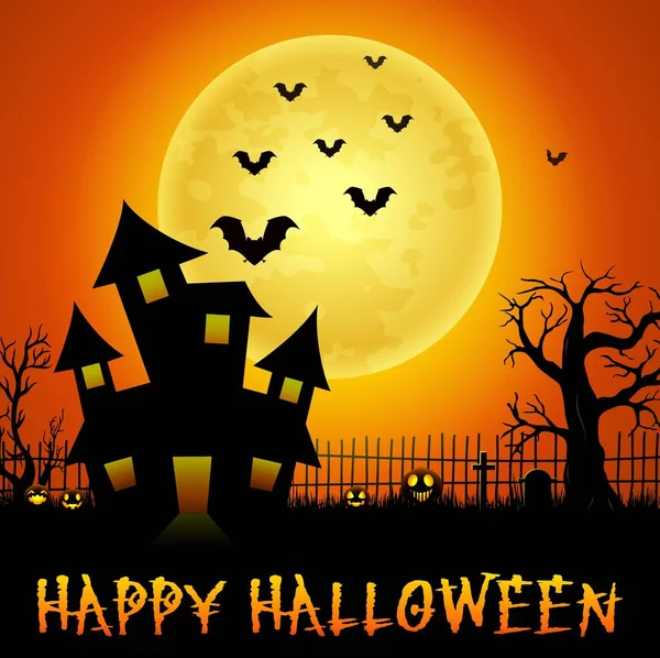 Castillo encantado de Halloween con murciélagos y árboles — Vector de stock