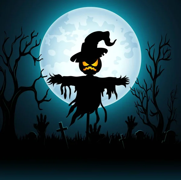 Halloween fundo com espantalho assustador no cemitério — Vetor de Stock