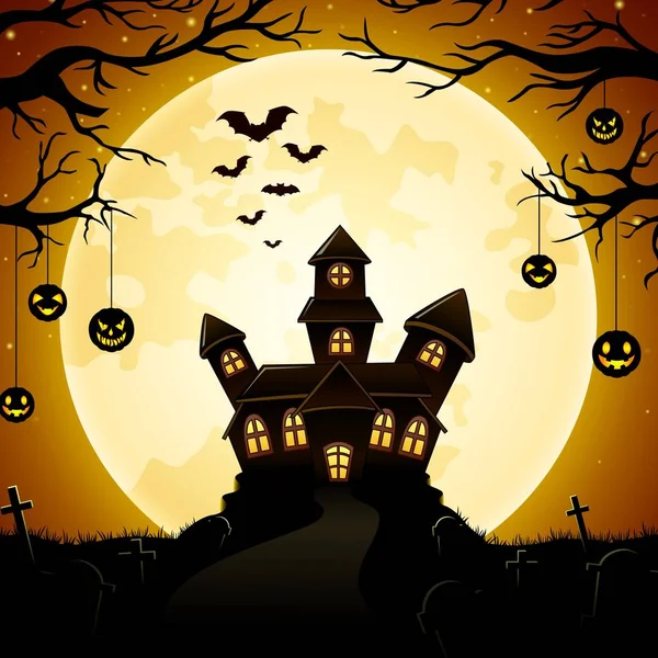 Замок с привидениями на Хэллоуин с тыквами, висящими на деревьях и на фоне полнолуния — стоковый вектор