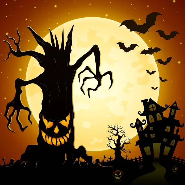 Halloween background. Scary monsters trees on cemetery with castle and full moon — Stock Vector