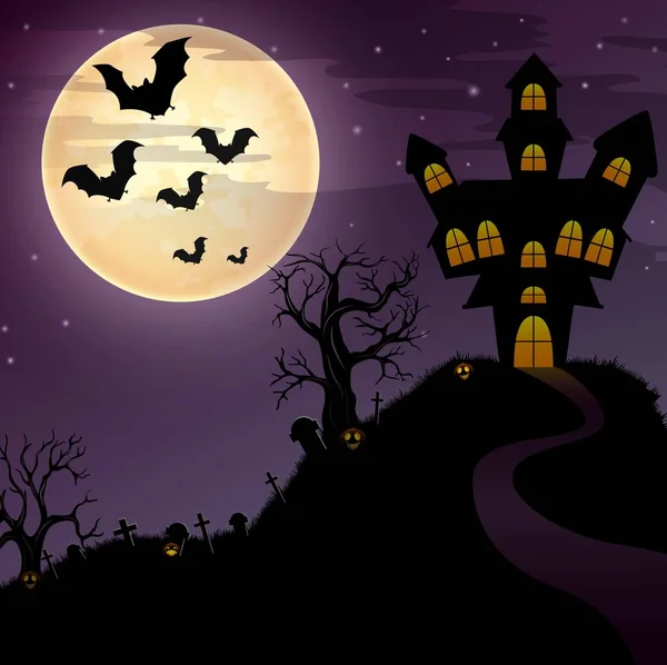 Halloween fond de nuit avec château effrayant et cimetière — Image vectorielle
